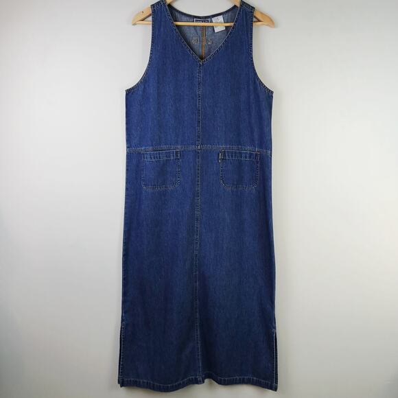 Erika & Co VTG SZ S 100% Cotton V Neck Denim Maxi Tank Dress With Front Pockets - Picture 2 of 5